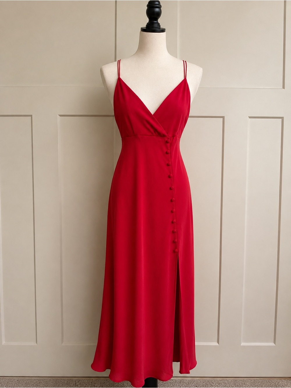 Zara Red Satin Button Front Maxi Dress Spaghetti Strap Slit